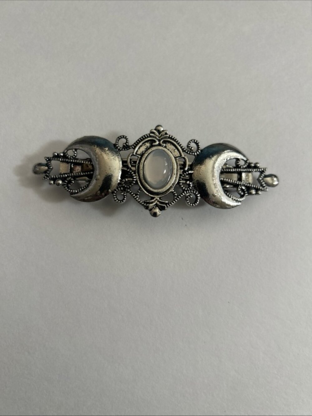 Gothic Celestial Moon Barrette Hair Clip Silver White Faux Moonstone Mythical